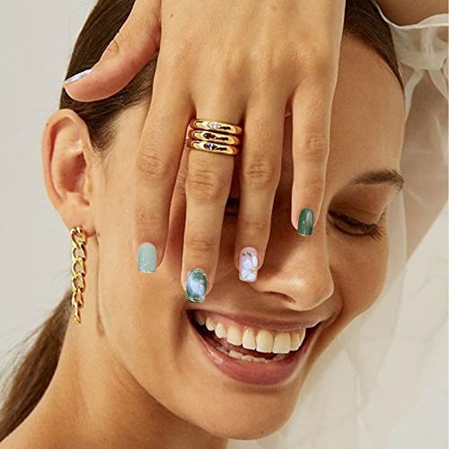 Qingge Green Press On Nails Short Square Glossy Camellia Flowers Stick On/Glue On Nails With Gold Line White Swirl Fake Acrylic Nails Summer Exquisite Static False Nails For Women 24Pcs #TOP4