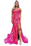 YMSHA Off Shoulder Lace High Slit Prom Dresses Fuchsia for Teens Long Mermaid Tight Sequin Evening Dress for Women 6