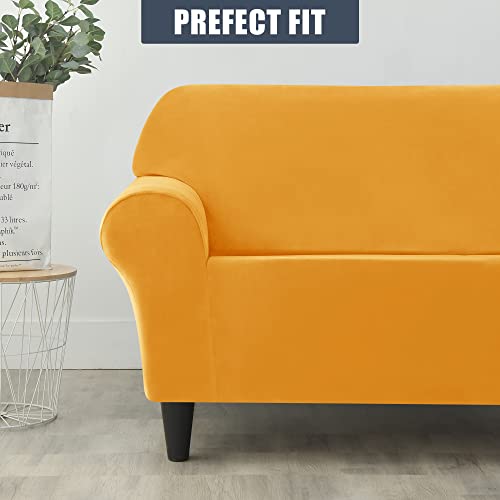 Stretch Sofa Slipcover, Soft Thick Velvet Couch Sofa Cover Furniture Protector With Elastic Bottom For Pets & Kids (Gold, L) #TOP3