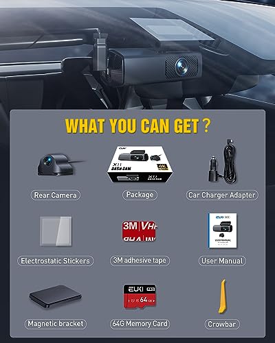 EUKI 4K Dash Cam Front and Rear with WiFi, Dual Dashcam, Car Camera with Parking Monitor, Night Vision, WDR, G-Sensor, Loop Recording, App Control,24 hour Parking Mode, 64GB SD Card Included - Image 8