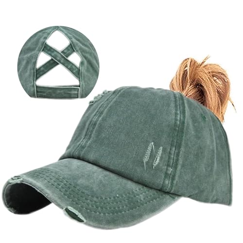 Enwokran Women Ponytail Hat Baseball Cap Adjustable Criss Cross Messy Buns Ponycaps High Bun Cotton Distressed Dad Trucker Hats (ArmyGreen)