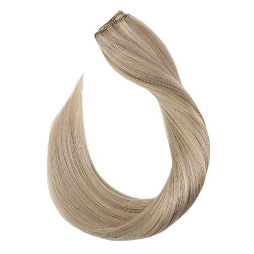 Ugeat Invisible Wire Hair Extension Flip in Hair with 4 Clips not Easy to Fall Color Ash Blonde #18 with Bleach Blonde #613 22inch 100 Gram Double Weft