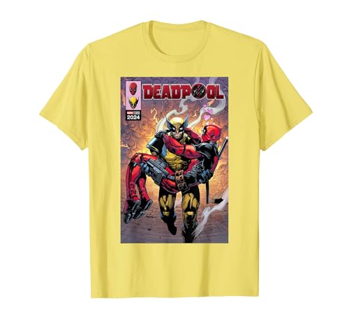 Image of Marvel Deadpool & Wolverine Logan Carrying Wade Comic Cover T-Shirt, Men, Lemon Yellow, Medium