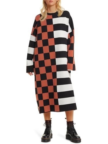 Saodimallsu Womens Striped Checkered Sweater Dress Oversized Color Block Crewneck Long Sleeve Knit Midi Dresses Black