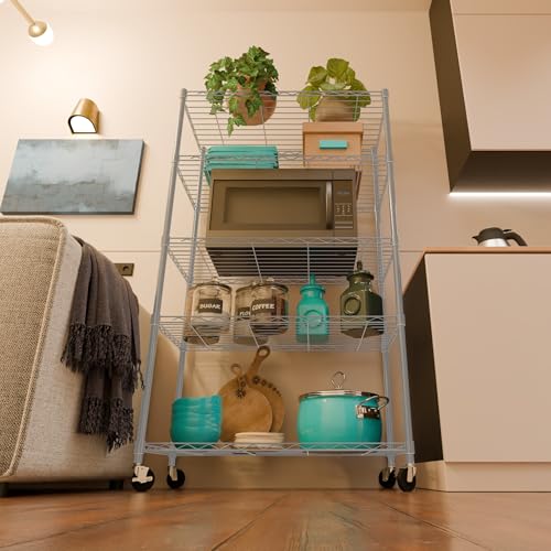 Image of 5-Shelves Wheels Heavy Duty Steel Storage Rack | Multipurpose Shelving Unit for Kitchen, Home & Utility