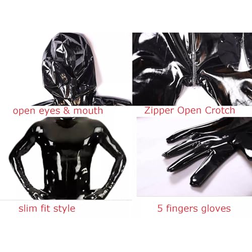 Men's Shiny Wetlook PVC Leather Catsuit Back with Zipper Handmade Full Bodysuit Clubwear Attached Gloves3