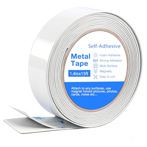 NIUBIKLUS Metal Tape for Magnets, (1.4'' Wide x 15 ft Long) Strong Adhesive Flexible Ferrous Strips Roll, Steel Tape Stick on Wall to Hold Magnetic Products