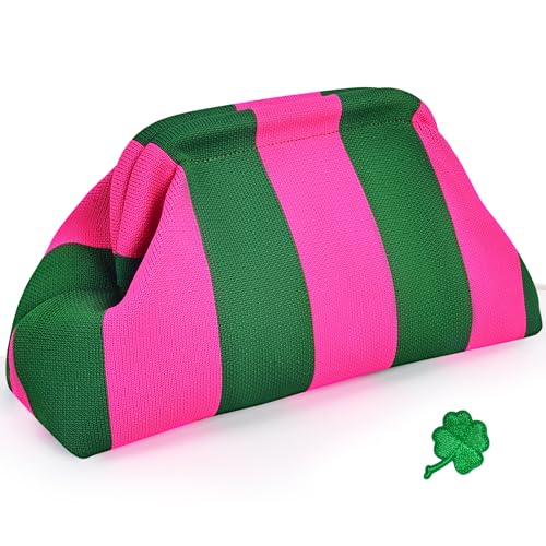 Lucky Clover Clutch Purses for Women - Evening Handbag, Women Clutch Purse for Summer Beach Party, Woven Crochet Evening Clutch Purse with Four Leaf Lucky Clover (Pink-green stripe)