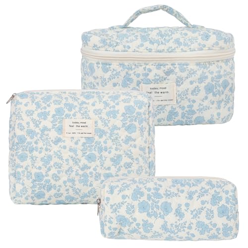 Wellehomi Bolsa de maquillaje floral, bolsas de maquillaje de viaje, bolsa de maquillaje grande acolchada, bolsa de cosméticos de algodón, bolsa de viaje para el cuidado de la piel para mujeres y