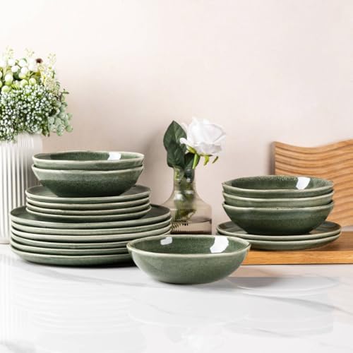 Image of AmorArc Ceramic Dinnerware Sets for 6, 18Pcs Plates and Bowls Sets Dishes | Stoneware Handmade Reactive Glaze Dinner Set, Highly Scratch Resistant | Dishwasher & Microwave Safe Dishware