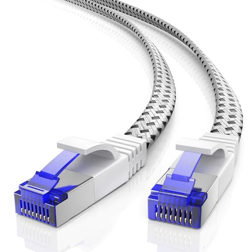 Maximm Cable CAT7 Flat Braided Ethernet Cable, 1 Pack (White, 25ft) 10 Gbps, 600 MHz, Shielded RJ45 Gold Connectors Ultra-Thin Flexible Design for Home & Office Networking