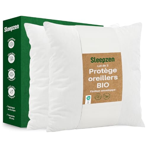 SLEEPZEN Protège-Oreiller 65x65 cm Lot de 2 – Molleton 100% Coton Bio – Housse Taie Oreiller Absorbante – Protection Respirante Silencieuse – Hypoallergénique...