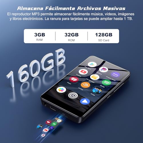 160GB MP3 Player mit Bluetooth und WiFi, MP3 Player Spotify, Android 13, 4,02 Zoll 1080P Touchscreen MP4 Player, tragbarer Musikplayer, Audible, Amazon Music, Player Store, erweiterbar auf bis zu 1TB