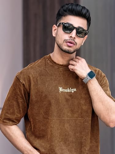 Image of Maniac Mens Acid Wash Printed Brooklyn Round Neck 3 /4th Sleeve Cotton T-Shirt for Men