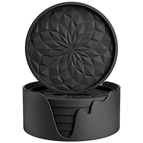 ME.FAN Silicone Coasters [6 Pack] Coasters with Holder - Drinking Coasters - Cup Mat for Drinks - Live for Hot or Cold Drink Thickened, Non-Slip, Non-Stick, Deep Tray Black Cover