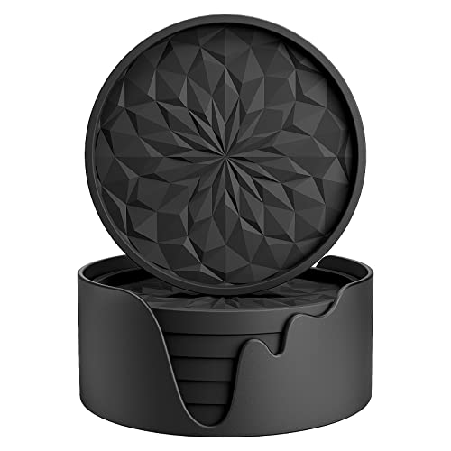 ME.FAN Silicone Coasters with Holder,[6 Pack] Drinking Coasters – Cup Mat for Hot or Cold Drinks, Thickened, Non-Slip, Non-stick,Deep Tray Black