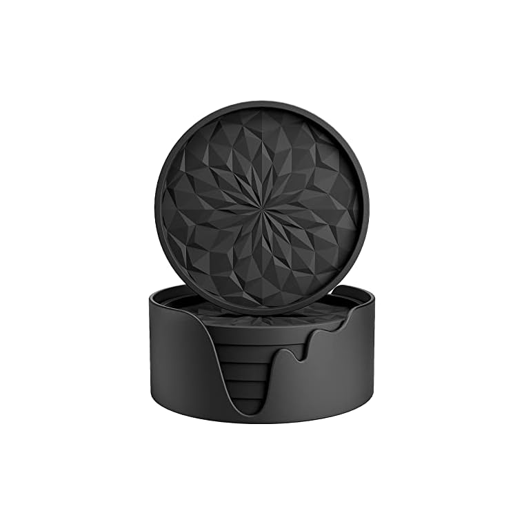 ME.FAN Silicone Coasters with Holder,[6 Pack] Drinking Coasters - Cup Mat for Hot or Cold Drinks, Thickened, Non-Slip, Non-stick,Deep Tray Black
