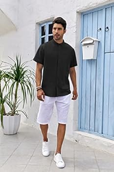 Runcati Linnen herenhemd met 3/4 mouwen, Henley-shirt, regular fit, vrijetijdshemd, casual, zomerhemd, strand, linnen shirts, zwart, L