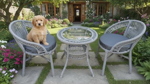 Image of India 3 Piece Outdoor Rope Patio Set with Glass Top Table & Water Resistant Cushions for Garden, Deck, Lawn, Poolside