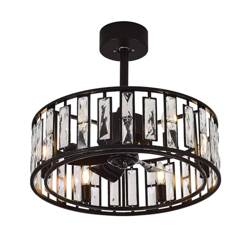 Whmetal cover Caged Ceiling Fan with Lights and Remote Control, Farmhouse Black Crystal Low Profile Ceiling Fan, 20 Inch Modern Quiet Chandelier for Living Room/Bedroom