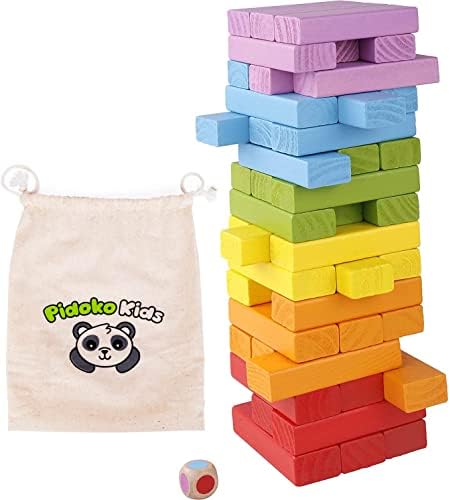 Pidoko Kids Wooden Stacking Building Blocks (49 Pcs) - Colorful Tumbling Blocks Board Games for Family Game Night - Montessori Toys Gifts, Includes Storage Bag