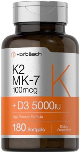 Horbäach Vitamin D3 K2 5000 iu | 100mcg MK-7 Complex | 180 Softgel Capsules | Non-GMO &amp; Gluten Free Supplement