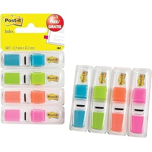 Post-It Marcadores Adhesivos, Pequeño, Colores Translúcidos, Paquete de 3 + 1 Dispensadores, 11.9 mm x 43.1 mm, Marcapáginas Para Señalar, Resaltar o Colorear