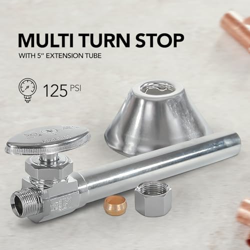 Image of Midline Valve 74212QS-OM-5 Water Supply Straight Stop Valve with Flange and 5 in. Extension; for Toilet, Sink, Dishwasher, Heater; 1 /2 in. SWT x 3 /8 in. COMP; Chrome Plated Brass (5 Pack)