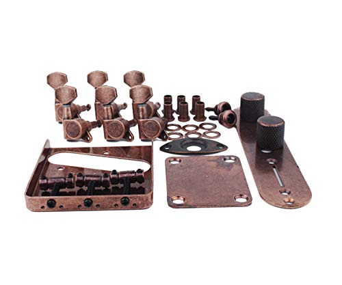 Guyker Copper Bronze Electric Guitar Accessories Set, Tuners (6R), Control Plate With 2Pcs Potentimeter Knobs, Fixed Bridge With 3 Saddles, 2 Strap Lock And Jack Plate #TOP1