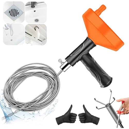 33 Feet Drain Snake Auger, Plumbing Snake Drain Hair Clog Removal Tool, Sink Unclogger Drain, Heavy Duty Drum Auger, Cleaner Tool for Bathroom Kitchen Tub Shower Drain Clog Remover with Gloves，Orange