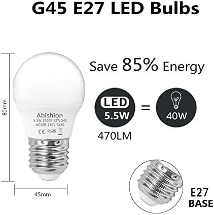 Abishion 5.5W E27 LED Bulbs,Warm White 2700K,Equivalent 40W Incandescent Bulb,RA80 470LM 180°Beam Angle,Non Dimmable G45 Small Edison Screw Golf Ball,Pack of 6.