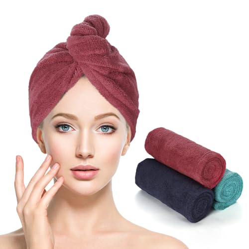 Houldhowd Microfiber Hair Towel, 3 Pack Coral Velvet Quick Drying Bandana, Anti Frizz Hair Towel microfiber hair towels for women (Large lake green, plums, navy blue)
