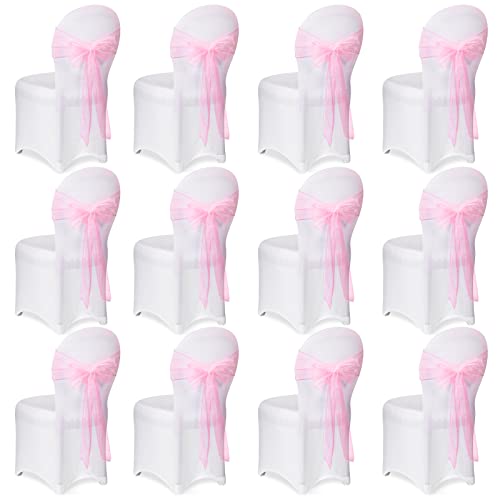 Oudain 12 Pcs White Folding Chair Covers And 12 Pcs Chair Bows Chair Sashes, Stretch Washable Fitted Chair Slipcovers Chair Tie Back For Wedding Holiday Decoration Banquet Party (Light Pink) #TOP25