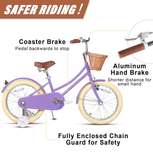 Image of Glerc Little Molly 12-20 Inch Kids Retro Cruiser Bike for 2-13 Year Old with Wicker Basket & Training Wheels /Kickstand, Multiple Colors