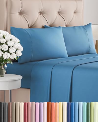 Image of Twin 4 Piece Bed Sheet Set - Soft, Breathable & Cooling Sheets - Denim Blue