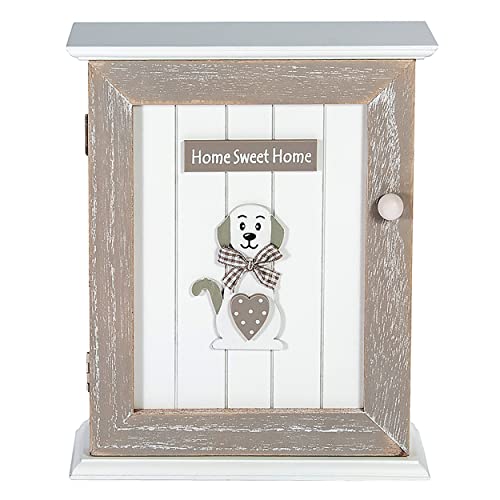 SPOTTED DOG GIFT COMPANY Caja para Llaves 6 Ganchos, Caja Colgador Llaves, Armario de Llaves para la Pared, Madera Blanco y Gris, Decoración para la Cocina y el Hogar con Diseño de Perro