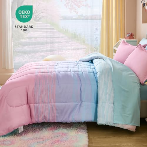 Image of Dinjoy Girls Comforter Set Full Size Colorful Ombre Pink Green Rainbow Bedding Set Bed in A Bag for Kid Teen Girls 7 Pieces (1 Comforter, 1 Flat Sheet, 1 Fitted Sheet, 2 Pillow Shams, 2 Pillowcases)