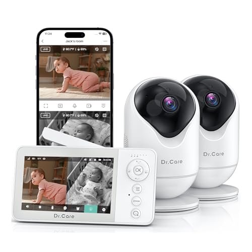 Dr.Care VistaView Lite RB Smart WiFi Baby Monitor with 2 Cameras - 4” 720P Split Screen & 1080P Camera App Control, Motion Alerts, 2500mAh Removable Battery, Night Vision, 2-Way Talk, Multi-User