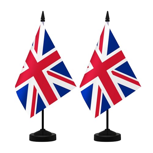 NQ UK Table Flag Set 21x14CM With Stand Base - British Union Jack for Office Home Conference Holiday Decorations (2 Pack)
