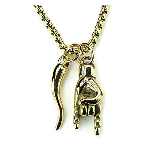 Mano Cornuto and Cornicello combo Necklace, on 24" Box Chain, Mens Golden Italian Lucky Hand Horn Anti Evil Eye Good Luck Amulet Protection Charms Stainless Steel Cover