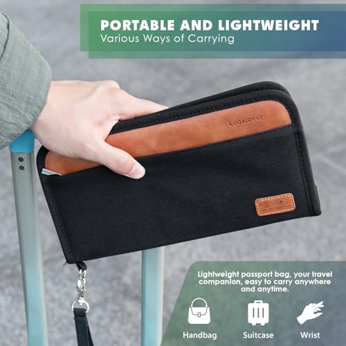 Looxmeer Reisepass Tasche Familie Reiseorganizer mit RFID-Blocker, Tragbare Reisepasshülle Ausweistasche für Damen und Herren, Schwarz und Braun