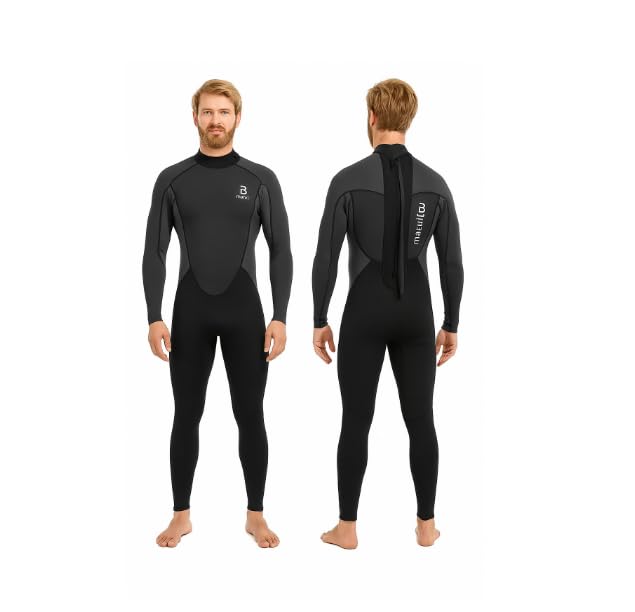 Matai Wetsuits Mens 3/2mm Neoprene Super Stretch Back Zip Full Length Wetsuit for Surfing Swimming SUP Canoe Kayak Sailing Windsurfing (S, Black/Grey)