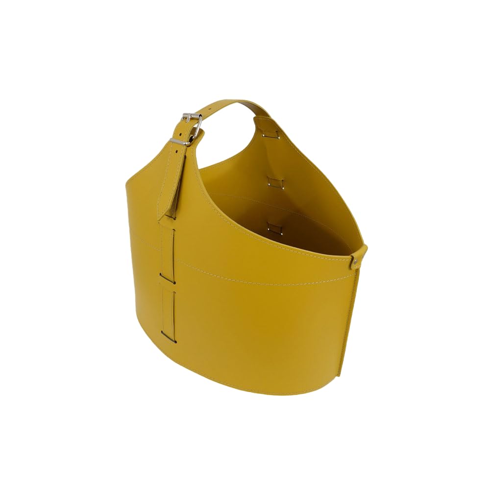 LIMAC Design FABIA Holzkorb aus Leder für den Innenbereich, Kaminholzkorb für Brennholz, Brennholztasche mit gummierten Rädern, Hergestellt in Italien. (Ockergelb)