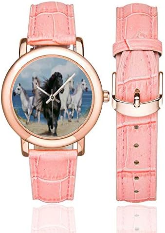 Horses Running Pattern Women's Rose Gold Leather Strap Watch