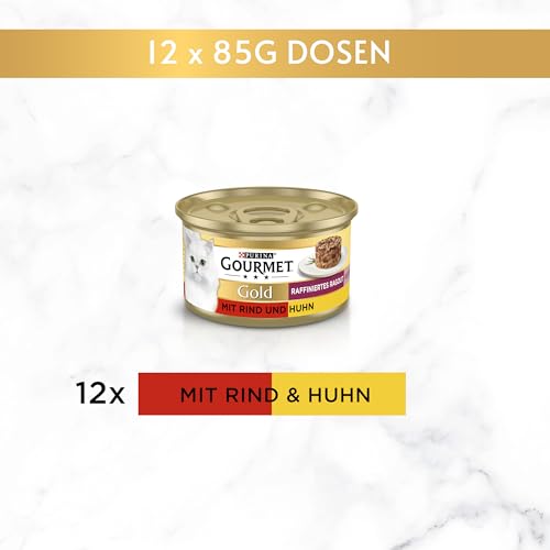 Gourmet Gold Raffiniertes Ragout Duetto Katzenfutter nass, Rind und Huhn, 12er Pack (12 x 85g)