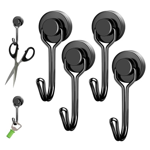 Biliant 4 ganchos magnéticos, ganchos magnéticos extra fuertes, ganchos de neodimio negro, gancho magnético de neodimio de 6 kg, imanes fuertes con ganchos para dormitorio, garaje, soporte para llaves