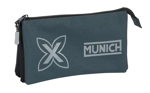 Safta MUNICH CARBÓN - Portatodo Triple, Estuche Infantil, Estuche Niño, Ideal para Niños en Edad Escolar, Cómodo y Versátil, Calidad y Resistencia, 22x3x12 cm, Color