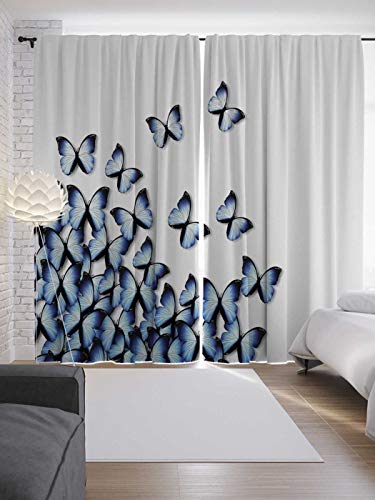Image of P7 3D Blue Butterflies Digital Printed Polyester Fabric Curtains for Bed Room Kids Room Living Room Color White Window /Door /Long Door (D.N 166) (4 x 9 Feet (Size: 48 x 108 Inch) Long Door, 2)