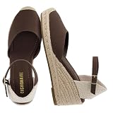 CUSHIONAIRE Elche Closed Toe Wedge Sandals for Women, Platform Espadrilles Heels With Adjustable Buckle, BROWN 9