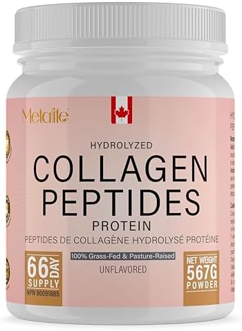 MetaLife Collagen Powder 567g, 66 Servings, Hydrolyzed Collagen Peptides, Grass-Fed Bovine, Unflavored, Made in Canada, Supports Joints, Skin, Hair & Nails, Protein Supplement for Women & Men